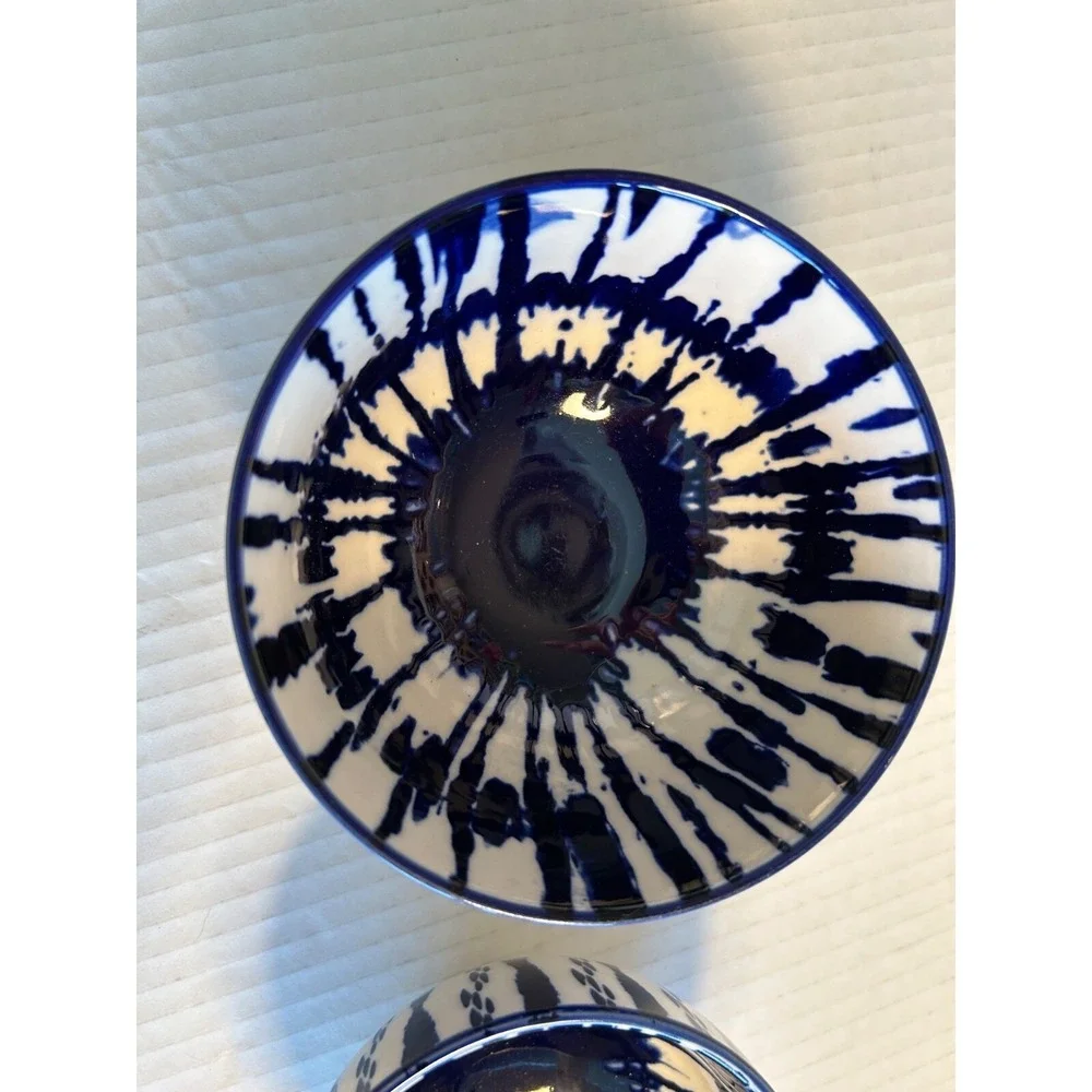 West Elm Indigo Tie Dye Bowls Set of 2 Blue White Ceramic Stoneware Decor